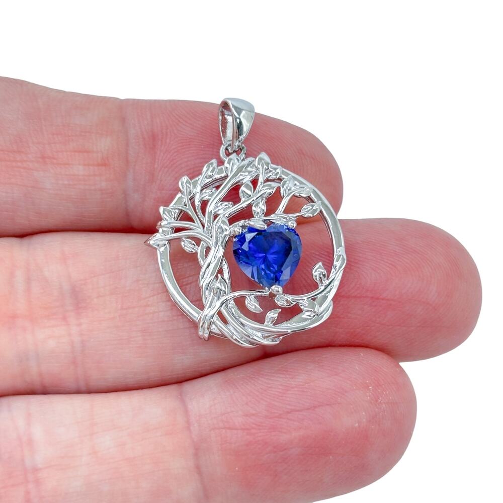 Vintage Sterling Silver 925 Blue Cubic Zirconia Heart Vine Pendant